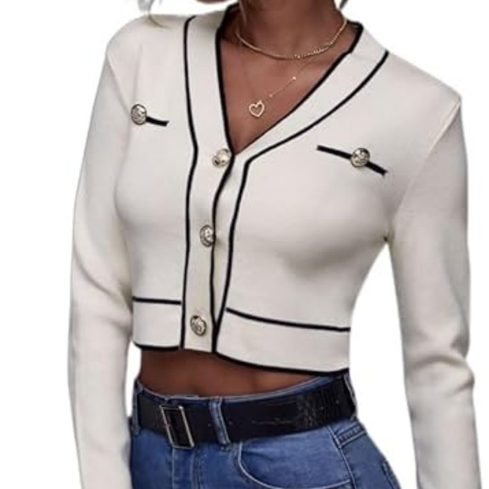 Chanel Style Old Money White Gold Button Cardigan